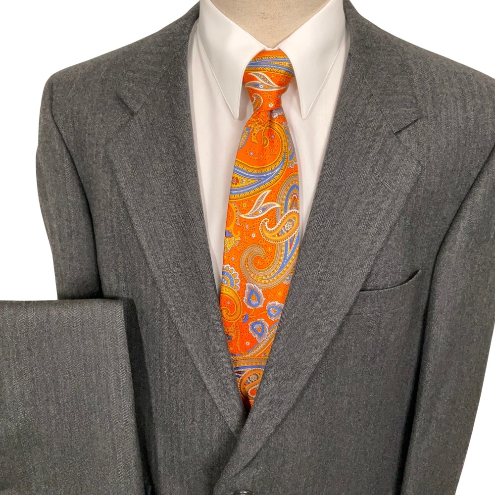 Hart Schaffner & Marx Suit Mens 44 R Gray Herringbone Heavy Wool 2pc USA VTG